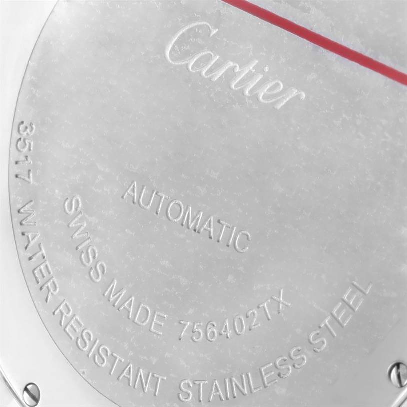 This image shows the engraved back case of a Cartier Ronde W6701011 Men's Stainless Steel Silver Dial W6701011 Men's Stainless Steel Silver Dial watch, featuring details on materials and specifications.