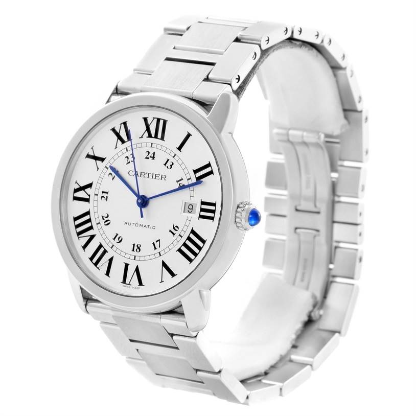 This image shows a front-side angle of a Cartier Ronde W6701011 Men's Stainless Steel Silver Dial W6701011 Men's Stainless Steel Silver Dial watch, highlighting the face, bracelet, and crown.