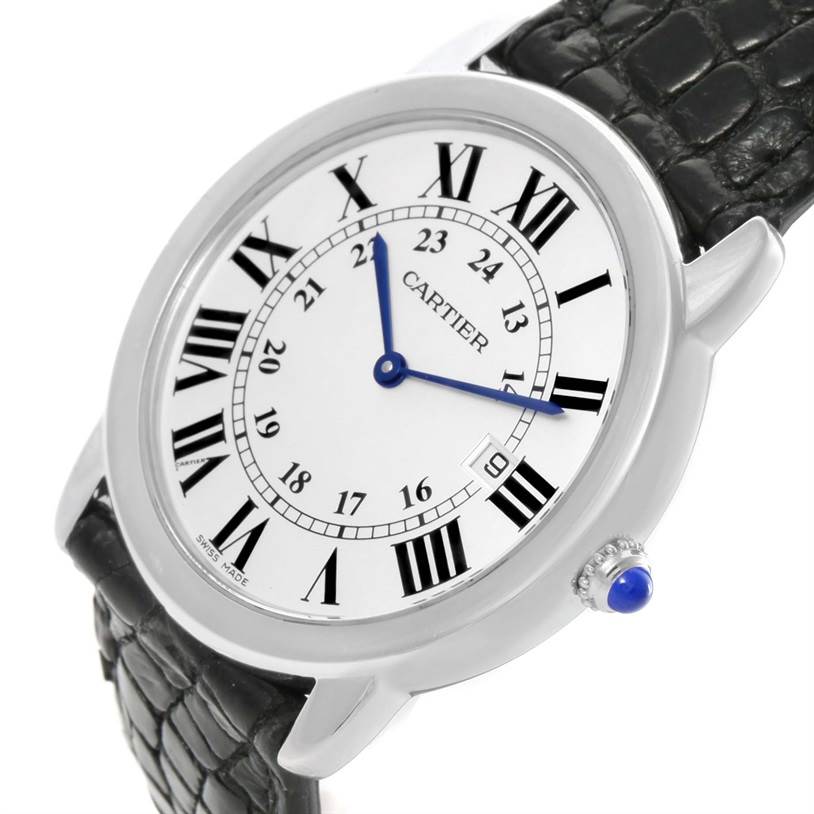 The image shows a Cartier Ronde W6700255 Men's Stainless Steel Silver Dial W6700255 Men's Stainless Steel Silver Dial watch at an angled view, highlighting the face, Roman numerals, blue hands, and black leather strap.
