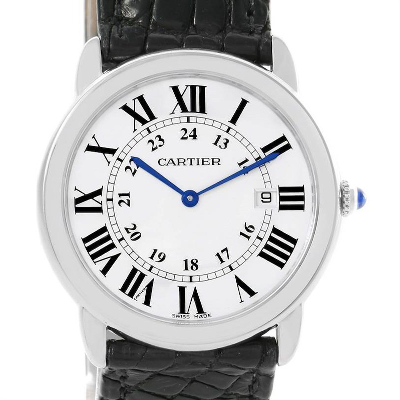 The Cartier Ronde model watch is shown from the front, displaying the dial, Roman numerals, hands, and part of the strap.