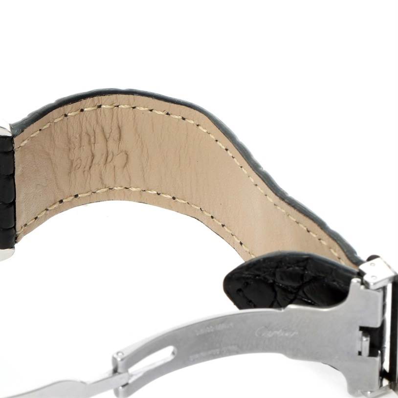 The image shows the underside of the leather strap and metal clasp of a Cartier Ronde W6700255 Men's Stainless Steel Silver Dial W6700255 Men's Stainless Steel Silver Dial model watch, viewed from an angled side perspective.
