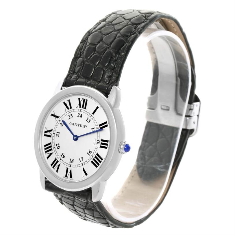 The image shows a front angle of a Cartier Ronde W6700255 Men's Stainless Steel Silver Dial W6700255 Men's Stainless Steel Silver Dial model watch with a black leather strap and silver casing with Roman numerals.