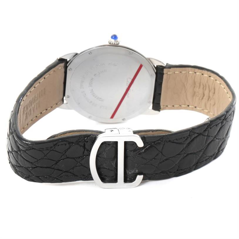 The image shows the back view of a Cartier Ronde W6700255 Men's Stainless Steel Silver Dial W6700255 Men's Stainless Steel Silver Dial watch, showcasing the case back, strap, and buckle.