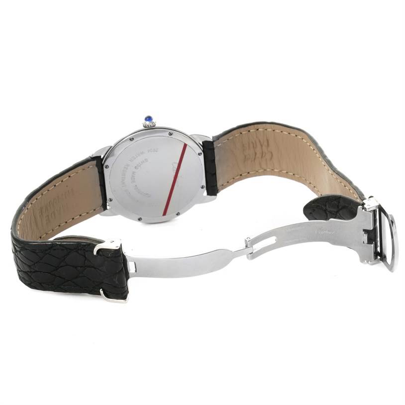 This image shows the backside and inner strap of a Cartier Ronde W6700255 Men's Stainless Steel Silver Dial W6700255 Men's Stainless Steel Silver Dial watch, highlighting the clasp and caseback.