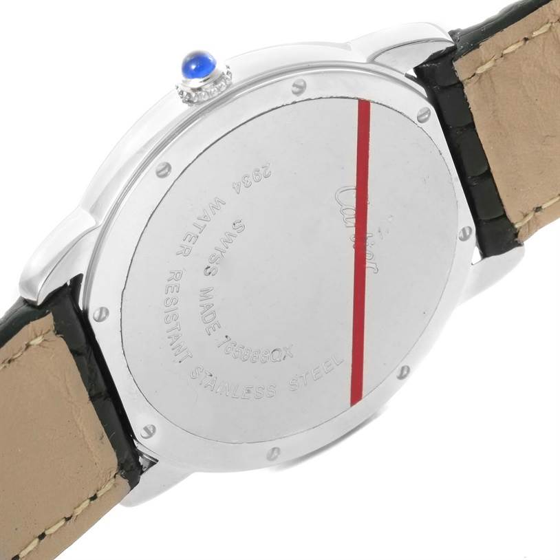 This image shows the back case and crown of the Cartier Ronde W6700255 Men's Stainless Steel Silver Dial W6700255 Men's Stainless Steel Silver Dial model watch, highlighting the leather straps.