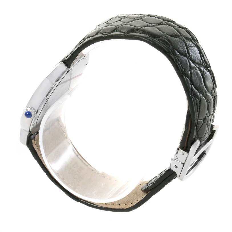 The image shows a side angle of the Cartier Ronde W6700255 Men's Stainless Steel Silver Dial W6700255 Men's Stainless Steel Silver Dial model, highlighting the leather strap and side of the watch case.