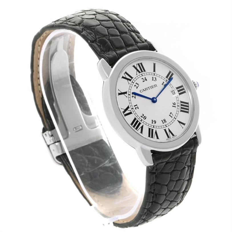 This image shows a Cartier Ronde W6700255 Men's Stainless Steel Silver Dial W6700255 Men's Stainless Steel Silver Dial model watch from a three-quarter angle, highlighting its face, strap, and clasp.