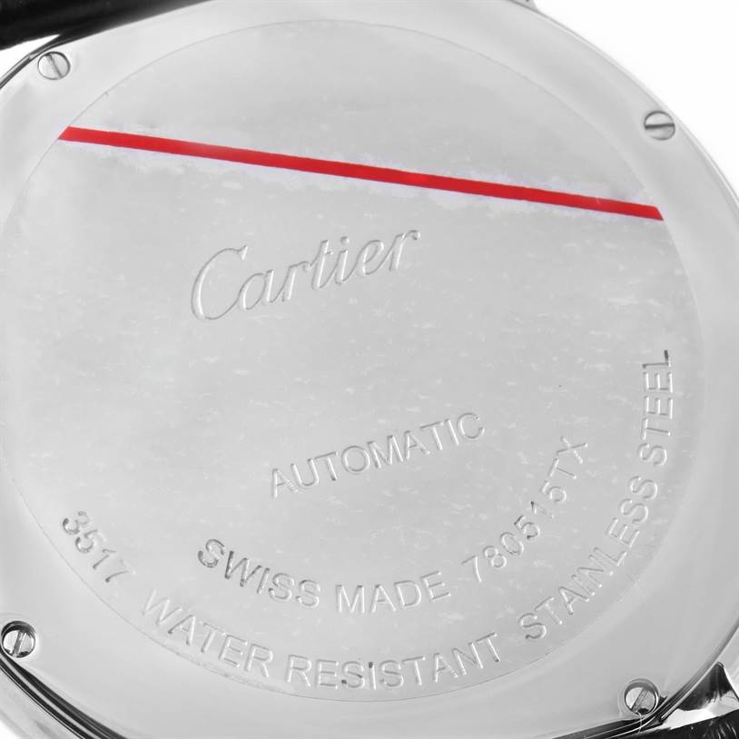 This image shows the back case of a Cartier Ronde W6701010 Men
s Stainless Steel Silver Dial W6701010 Men
s Stainless Steel Silver Dial model watch, revealing details like "Automatic" and "Swiss Made."