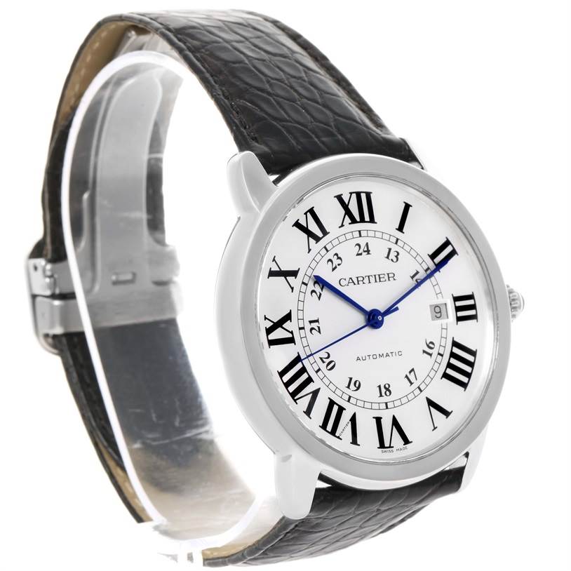 The Cartier Ronde W6701010 Men
s Stainless Steel Silver Dial W6701010 Men
s Stainless Steel Silver Dial watch is shown at a three-quarter angle, displaying the face, strap, and crown.