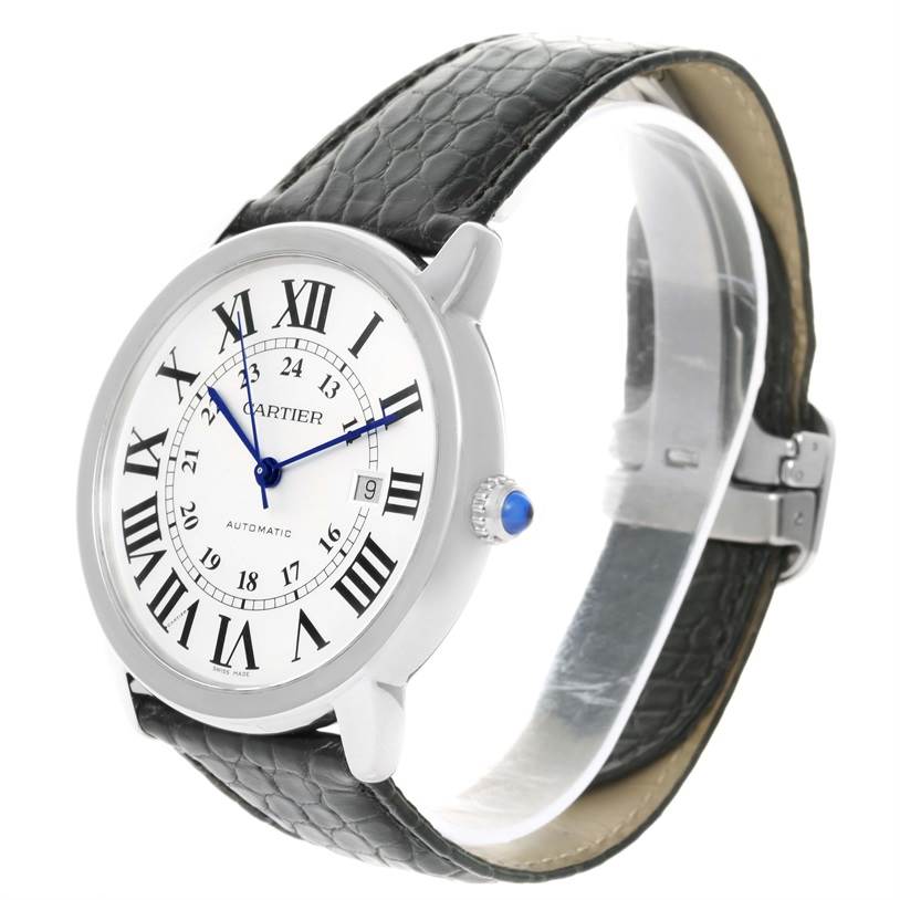 The image shows a side angle of the Cartier Ronde W6701010 Men
s Stainless Steel Silver Dial W6701010 Men
s Stainless Steel Silver Dial model watch, displaying its face, Roman numerals, strap, and crown.