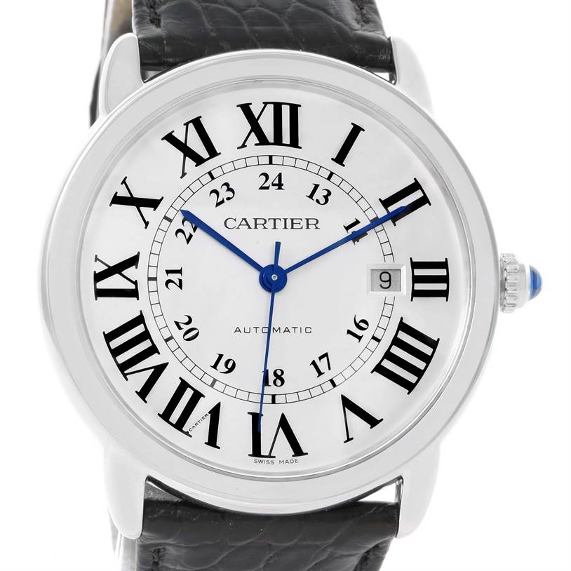 This image shows a front view of the Cartier Ronde W6701010 Men
s Stainless Steel Silver Dial W6701010 Men
s Stainless Steel Silver Dial watch, featuring its dial, hands, crown, strap, and date display.