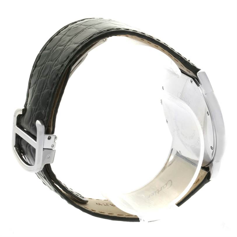 The image shows the Cartier Ronde W6700255 Stainless Steel Silver Dial W6700255 Stainless Steel Silver Dial watch from a side angle, highlighting the black leather strap and buckle.