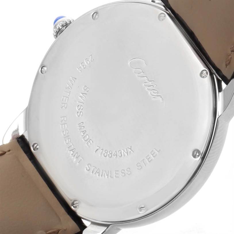 The image shows the back casing and part of the leather strap of the Cartier Ronde W6700255 Stainless Steel Silver Dial W6700255 Stainless Steel Silver Dial model watch.