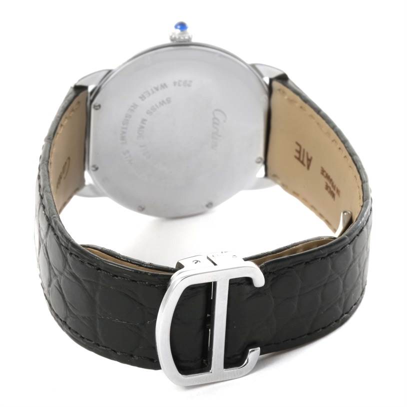 The image shows a rear view of the Cartier Ronde W6700255 Stainless Steel Silver Dial W6700255 Stainless Steel Silver Dial model watch, highlighting the back case, leather strap, and buckle.