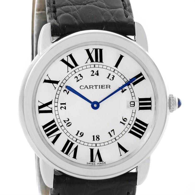 This image shows a frontal view of the Cartier Ronde W6700255 Stainless Steel Silver Dial W6700255 Stainless Steel Silver Dial watch with a white dial, blue hands, Roman numeral markers, and a black leather strap.