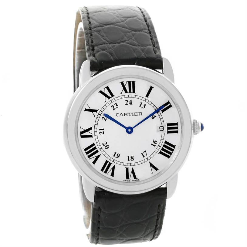 This image shows a frontal view of the Cartier Ronde W6700255 Stainless Steel Silver Dial W6700255 Stainless Steel Silver Dial watch, displaying its dial, hands, and leather strap.