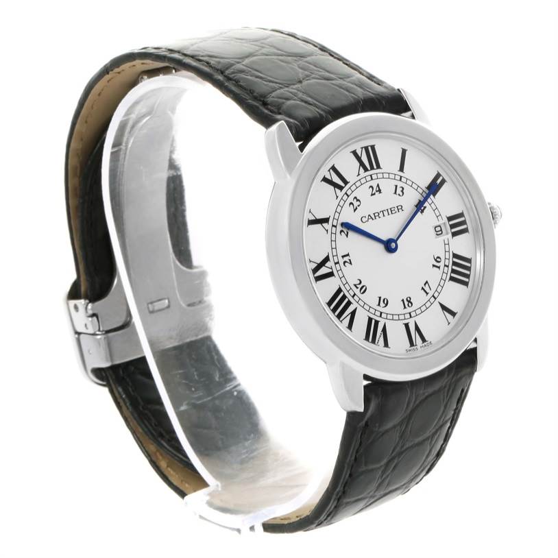 This image shows a Cartier Ronde W6700255 Stainless Steel Silver Dial W6700255 Stainless Steel Silver Dial model watch from a front angled view, highlighting the face, leather strap, and clasp.