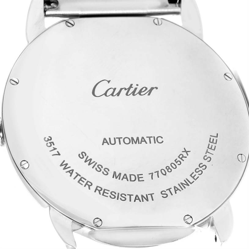 The image shows the back case of a Cartier Ronde W6701011 Men
s Stainless Steel Silver Dial W6701011 Men
s Stainless Steel Silver Dial model watch, displaying branding and specifications.