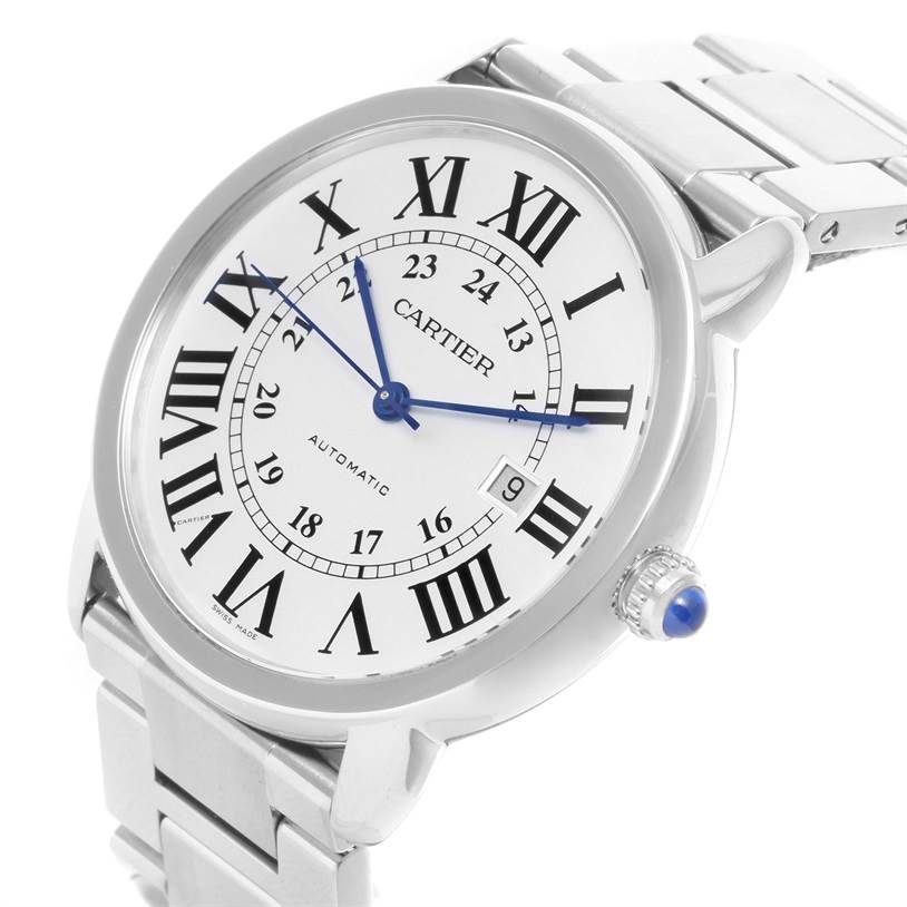 The image shows a Cartier Ronde W6701011 Men
s Stainless Steel Silver Dial W6701011 Men
s Stainless Steel Silver Dial model watch at an angled view, displaying its face, hands, date window, and bracelet.