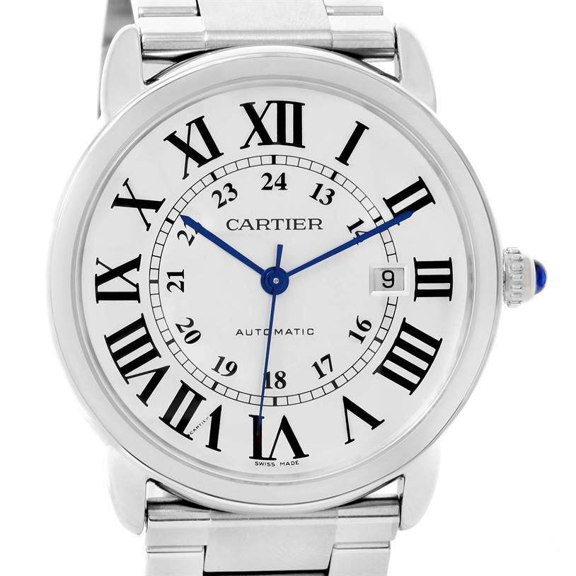 The image shows a front view of the Cartier Ronde W6701011 Men
s Stainless Steel Silver Dial W6701011 Men
s Stainless Steel Silver Dial watch, highlighting its face, Roman numerals, and stainless steel band.