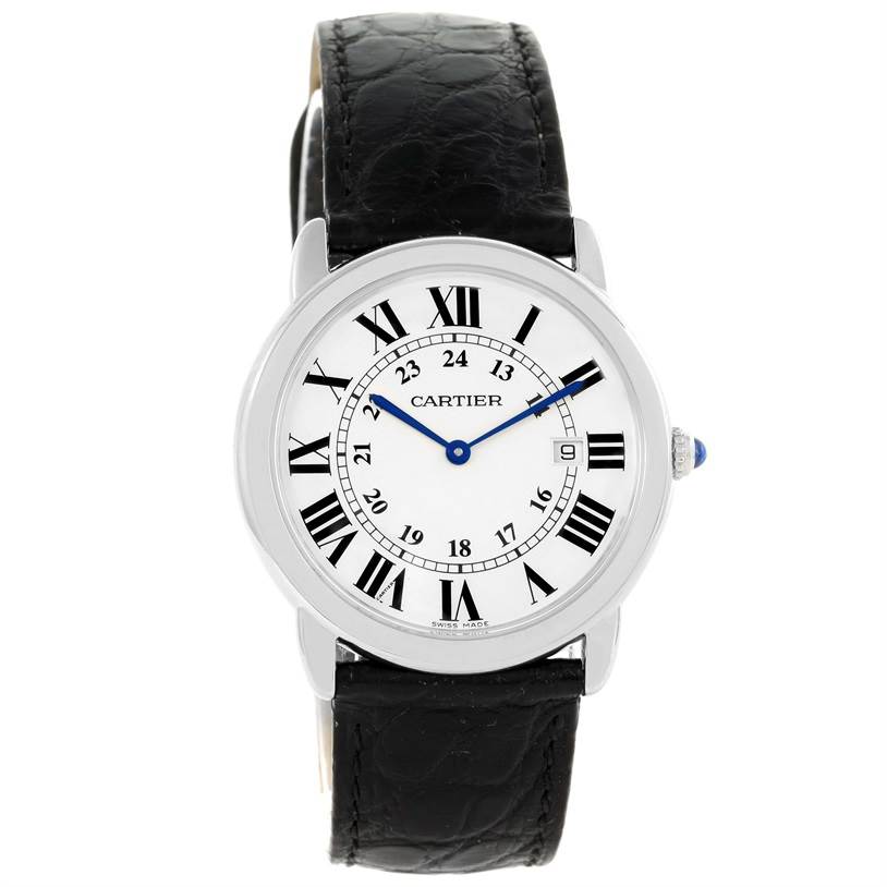 The Cartier Ronde W6700255 Stainless Steel Silver Dial W6700255 Stainless Steel Silver Dial model watch is shown from a front angle, displaying the dial and black leather strap.