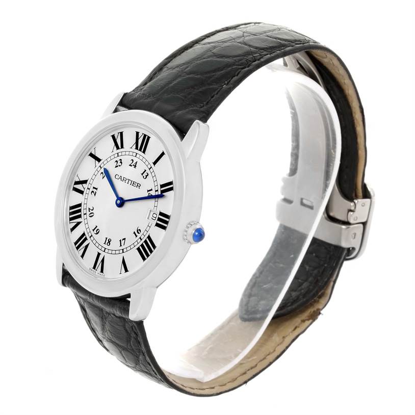 The image shows the Cartier Ronde W6700255 Stainless Steel Silver Dial W6700255 Stainless Steel Silver Dial model watch at an angled side view, highlighting the face, bezel, and leather strap.