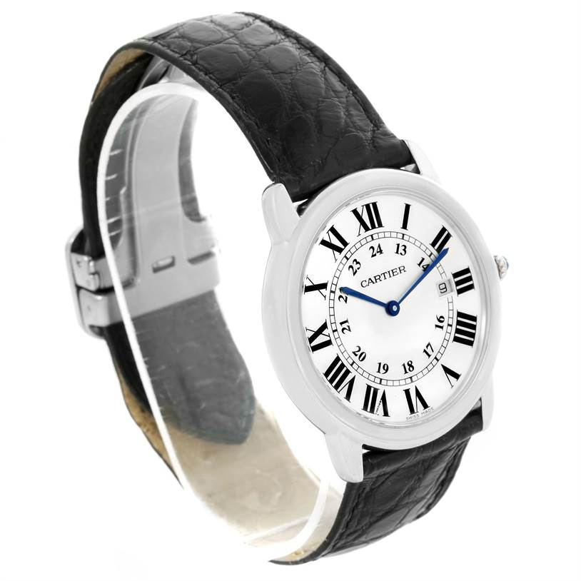 The image shows a Cartier Ronde W6700255 Stainless Steel Silver Dial W6700255 Stainless Steel Silver Dial model watch from a three-quarter angle, highlighting the dial, leather strap, and clasp.