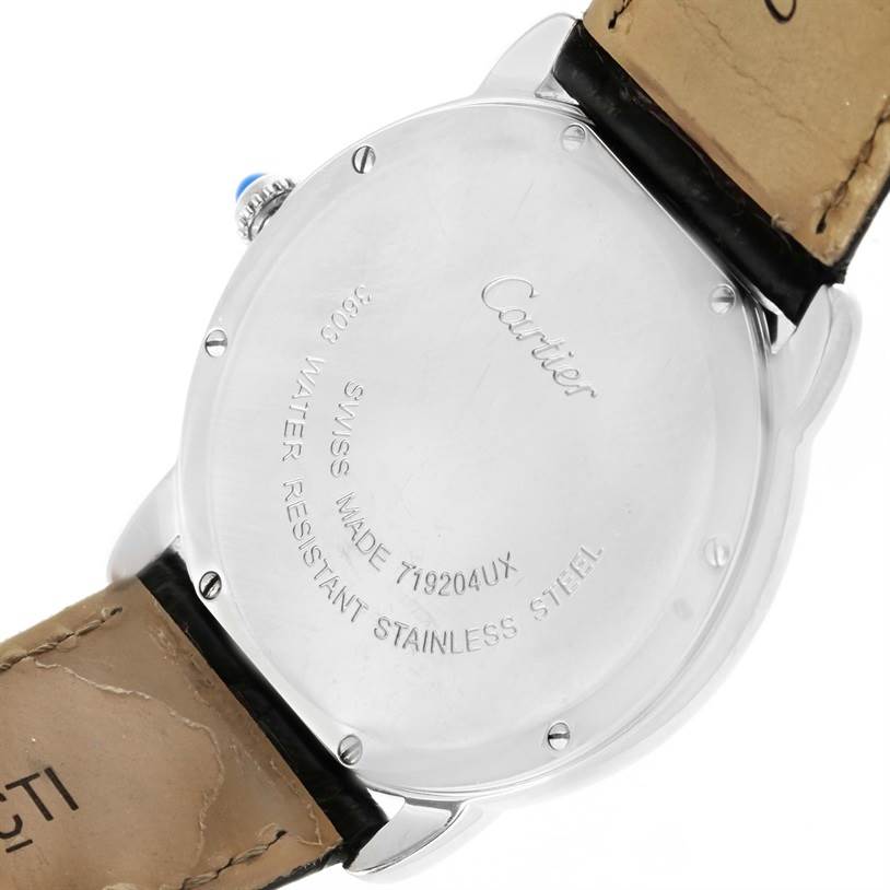 The image shows the back of a Cartier Ronde W6700255 Stainless Steel Silver Dial W6700255 Stainless Steel Silver Dial model watch, displaying the case back and part of the leather strap.