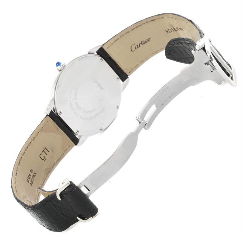 The image shows the back and side of the Cartier Ronde W6700255 Stainless Steel Silver Dial W6700255 Stainless Steel Silver Dial model watch, highlighting the leather strap and clasp.