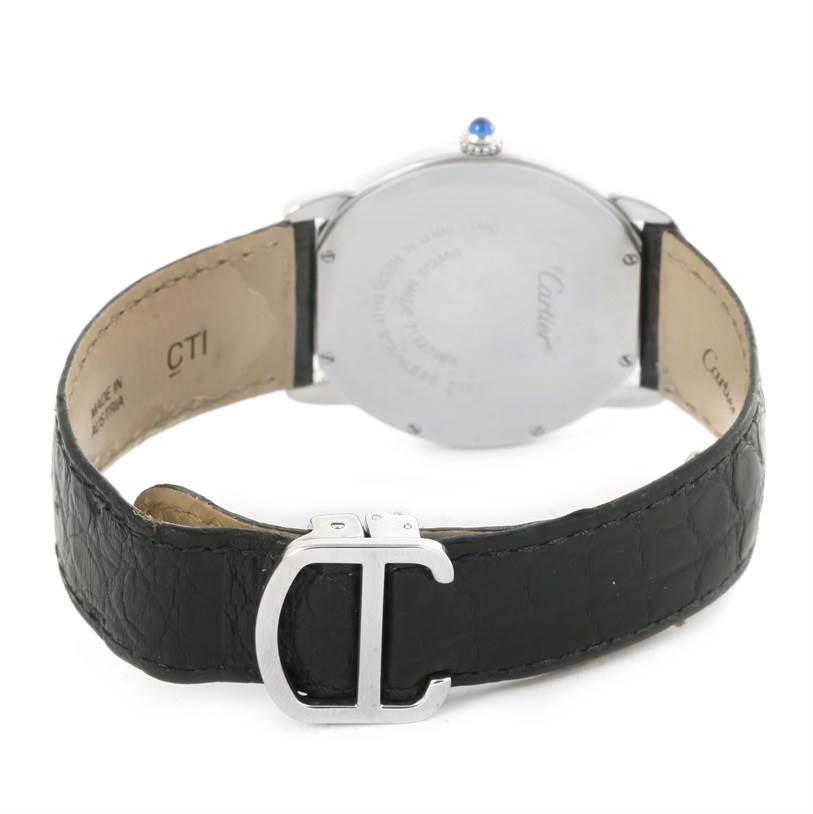 This image shows the back view of a Ronde model by Cartier, highlighting the case back, strap, and clasp.