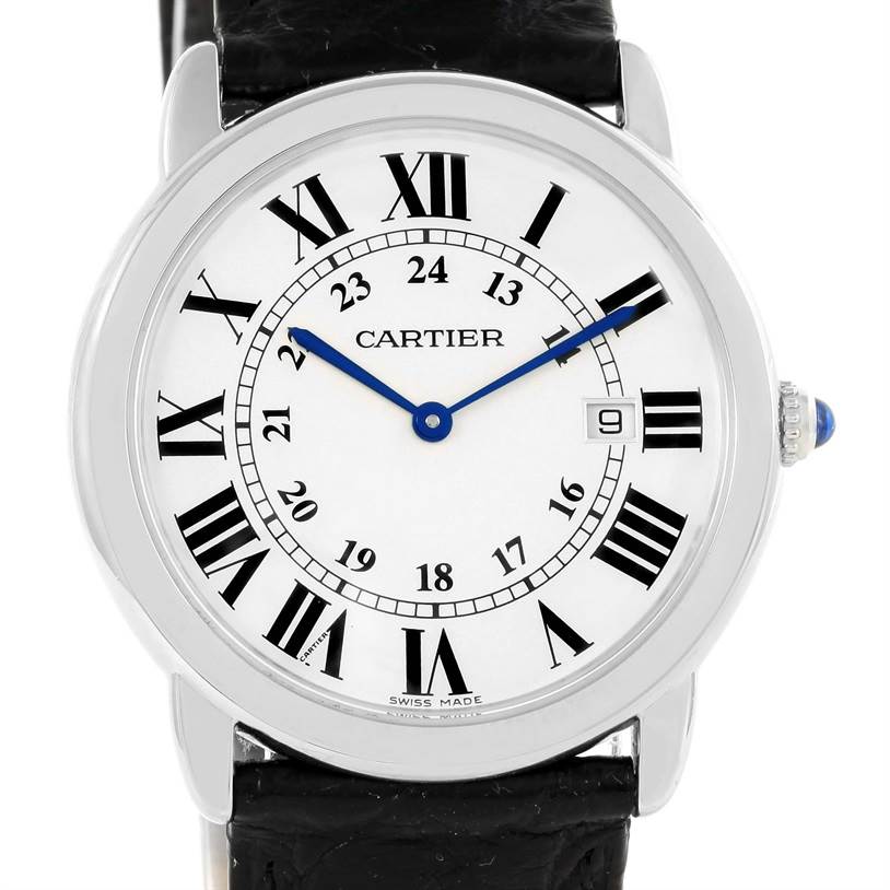The image shows a Cartier Ronde W6700255 Stainless Steel Silver Dial W6700255 Stainless Steel Silver Dial watch from a front angle, highlighting its dial, hands, and part of the strap.