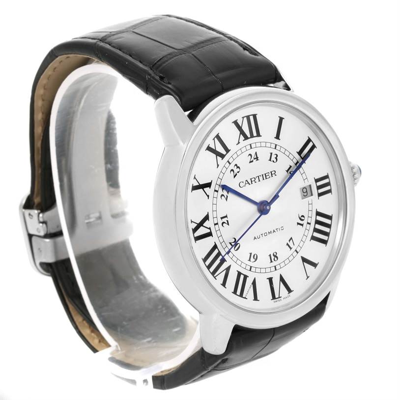 This image shows a Cartier Ronde W6701010 Men
s Stainless Steel Silver Dial W6701010 Men
s Stainless Steel Silver Dial model watch angled to display the face, bezel, and strap.