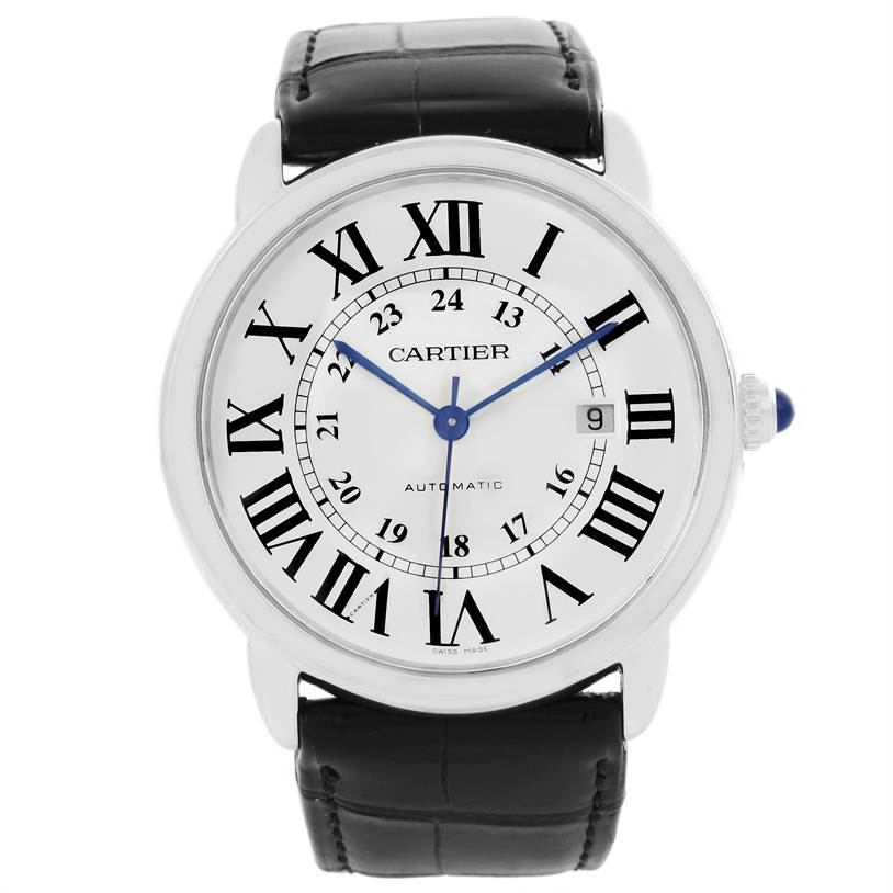 The image shows a Cartier Ronde W6701010 Men
s Stainless Steel Silver Dial W6701010 Men
s Stainless Steel Silver Dial model watch from a front view, displaying its face, Roman numeral markers, and black leather strap.