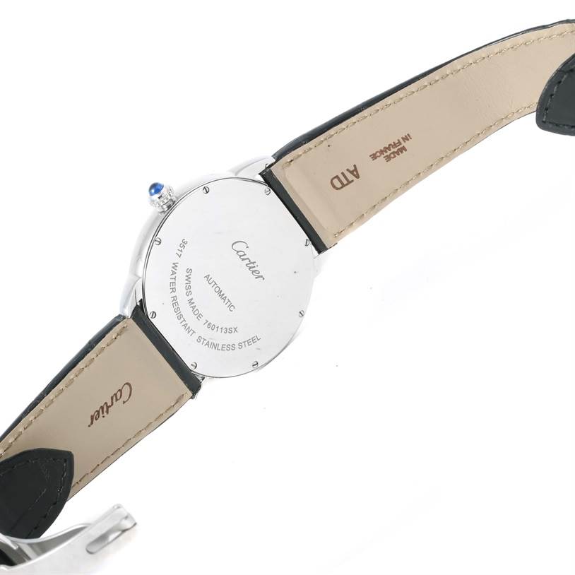 The image shows the back view of the Cartier Ronde W6701010 Men
s Stainless Steel Silver Dial W6701010 Men
s Stainless Steel Silver Dial watch, highlighting the case back and leather strap.