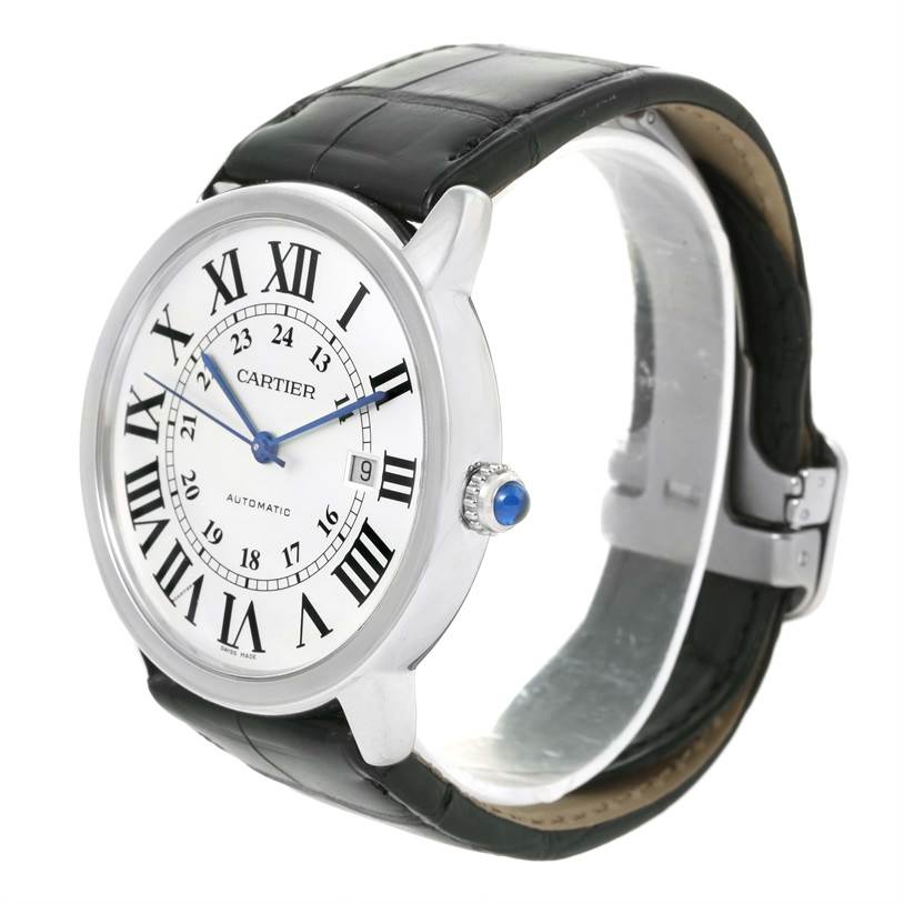The Cartier Ronde W6701010 Men
s Stainless Steel Silver Dial W6701010 Men
s Stainless Steel Silver Dial model watch is shown at a three-quarter angle, revealing its face, black leather strap, and sapphire crown.