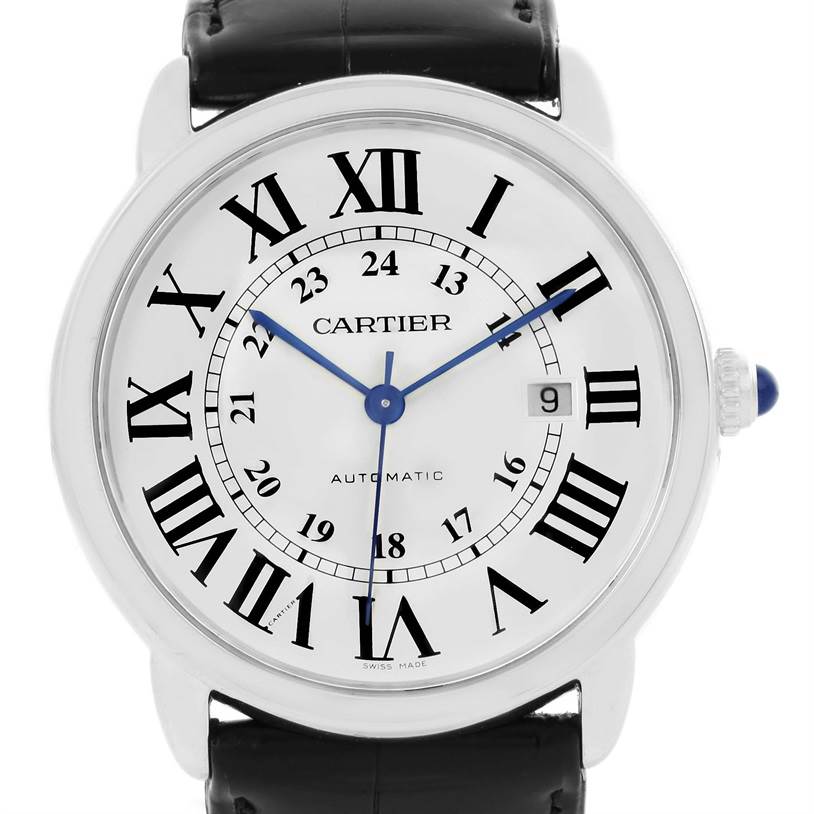 The image shows a front view of the Cartier Ronde W6701010 Men
s Stainless Steel Silver Dial W6701010 Men
s Stainless Steel Silver Dial watch, highlighting its dial, Roman numerals, and blue hands.