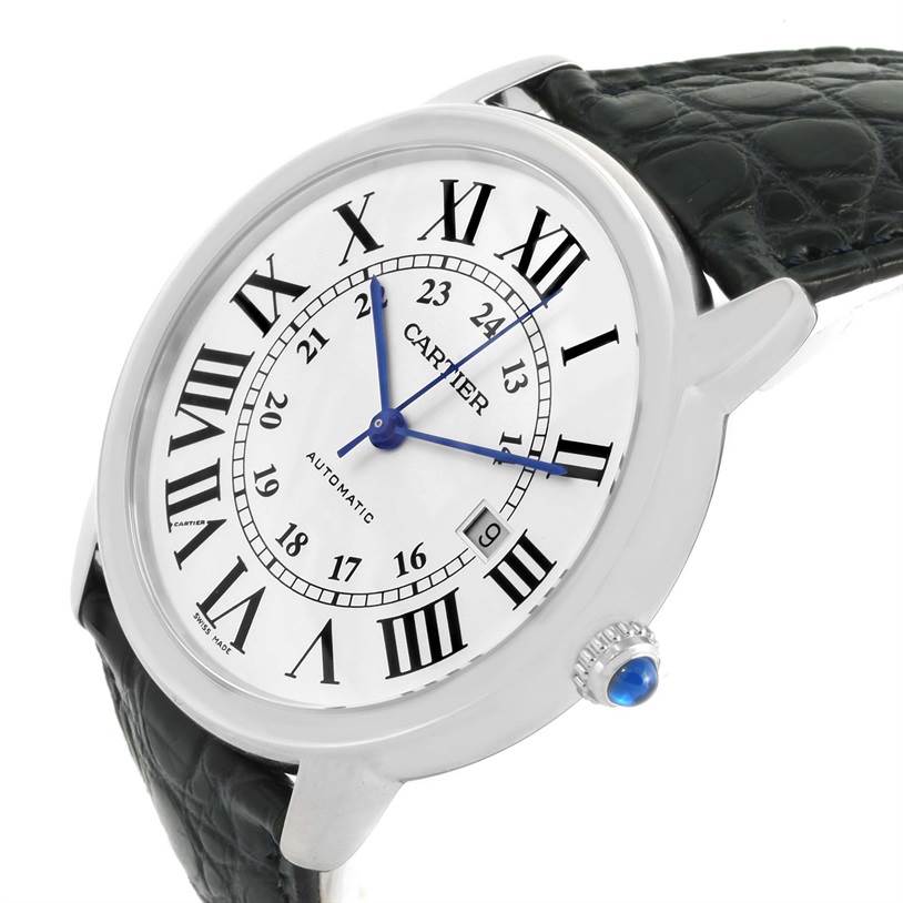 The Ronde model by Cartier is shown at a slight angle, displaying the face, bezel, crown, and a portion of the strap.