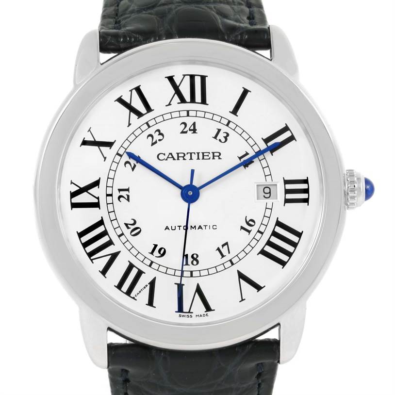 The image shows a front view of the Cartier Ronde W6701010 Men
s Stainless Steel Silver Dial W6701010 Men
s Stainless Steel Silver Dial watch, highlighting its Roman numerals, blued steel hands, and date display.