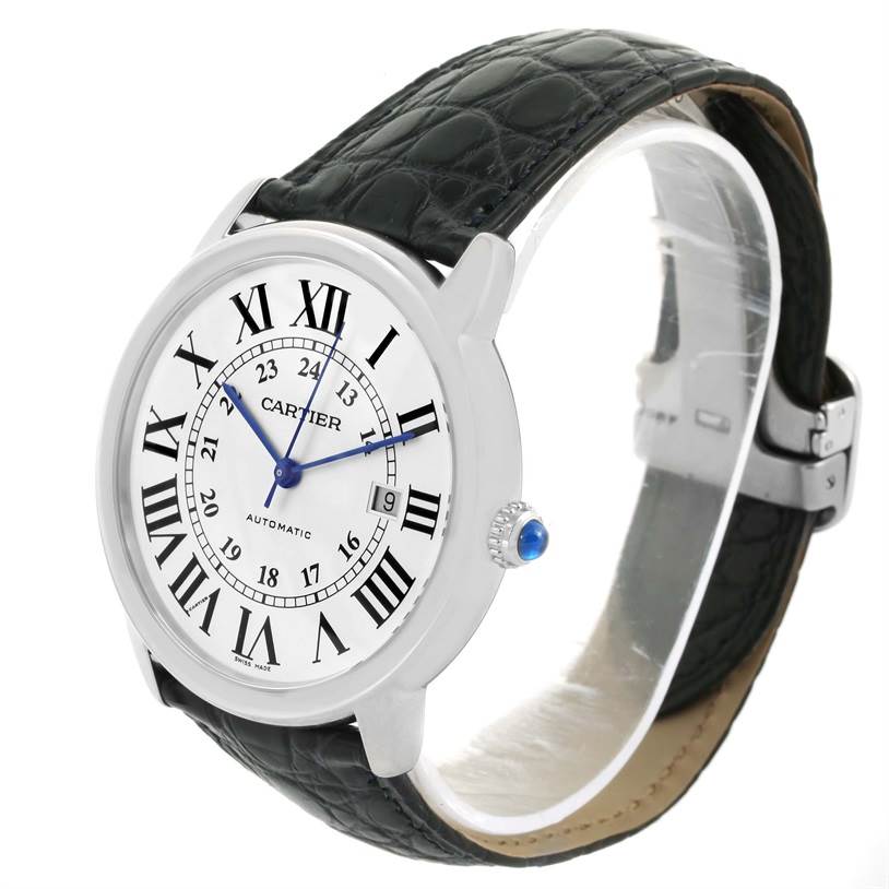The image shows a Ronde model by Cartier, featuring the dial, crown, and black leather strap at an angle.