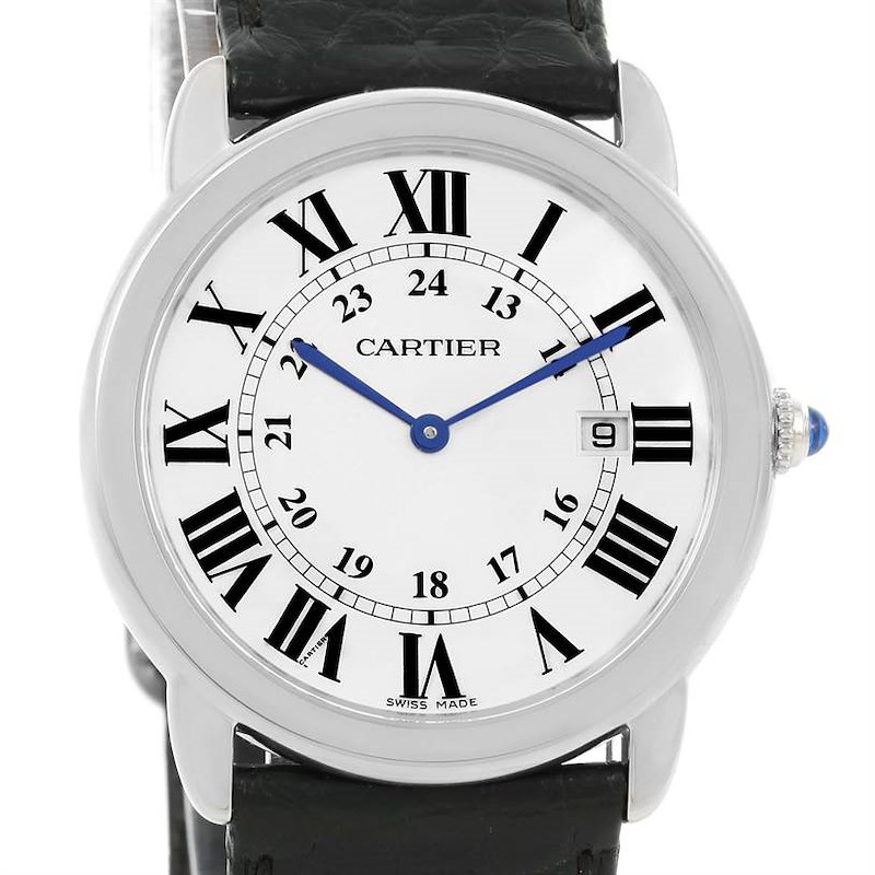 The Ronde model by Cartier is shown from the front, highlighting the dial, Roman numerals, and black leather strap.