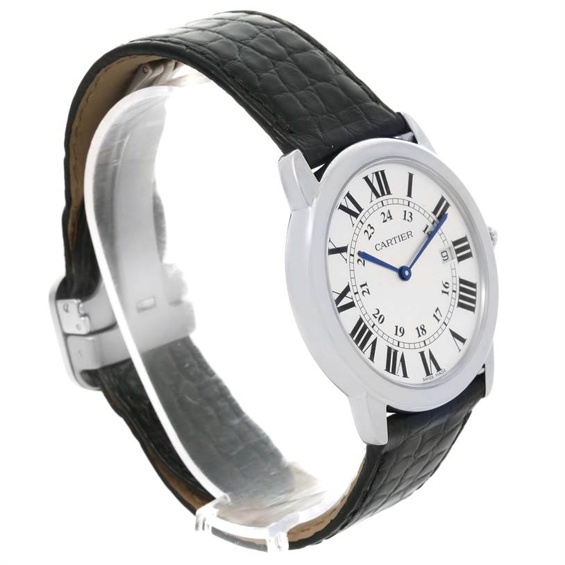 The image shows a Cartier Ronde W6700255 Stainless Steel Silver Dial W6700255 Stainless Steel Silver Dial watch at a slight angle, displaying its face and black leather strap.