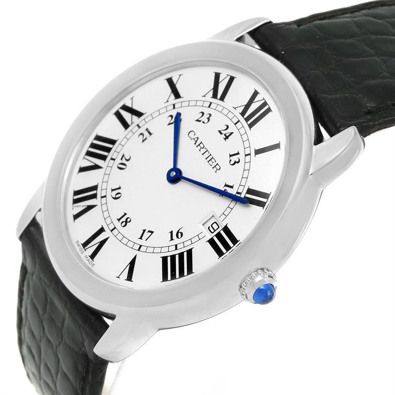 The image shows a side angle of a Cartier Ronde W6700255 Stainless Steel Silver Dial W6700255 Stainless Steel Silver Dial watch, highlighting the dial, roman numerals, strap, and crown with blue detail.