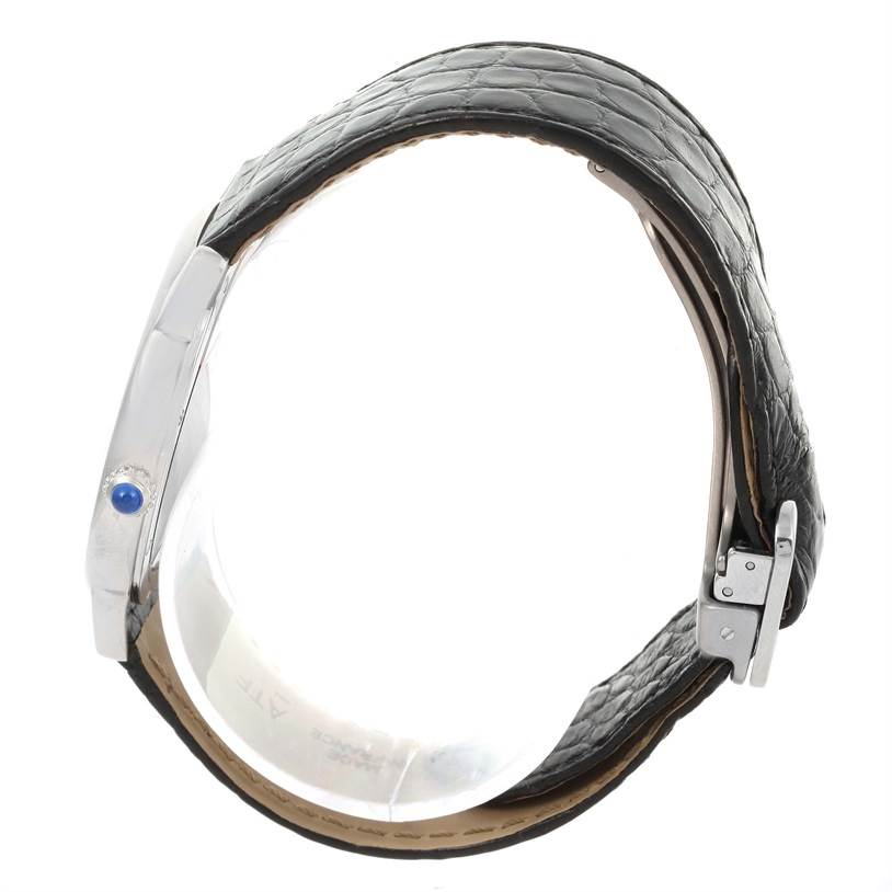 This image shows a side view of a Cartier Ronde W6700255 Stainless Steel Silver Dial W6700255 Stainless Steel Silver Dial watch, featuring its black leather strap and metallic buckle.