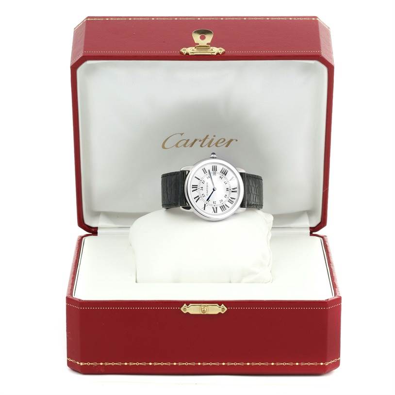 The Cartier Ronde W6700255 Stainless Steel Silver Dial W6700255 Stainless Steel Silver Dial watch is shown from the front in an open red box with white interior.