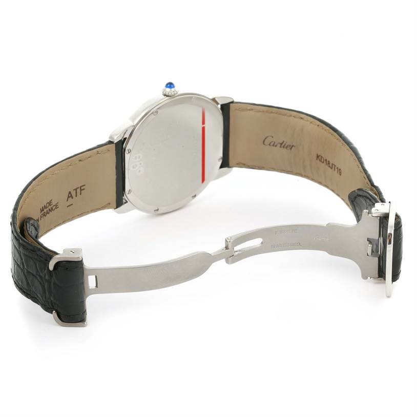 The image shows the back view of a Cartier Ronde W6700255 Stainless Steel Silver Dial W6700255 Stainless Steel Silver Dial watch, focusing on the caseback, strap, and deployment clasp.