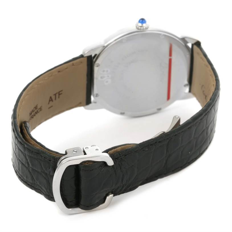 The image shows the back and side of a Cartier Ronde W6700255 Stainless Steel Silver Dial W6700255 Stainless Steel Silver Dial watch with a focus on the leather strap and clasp.