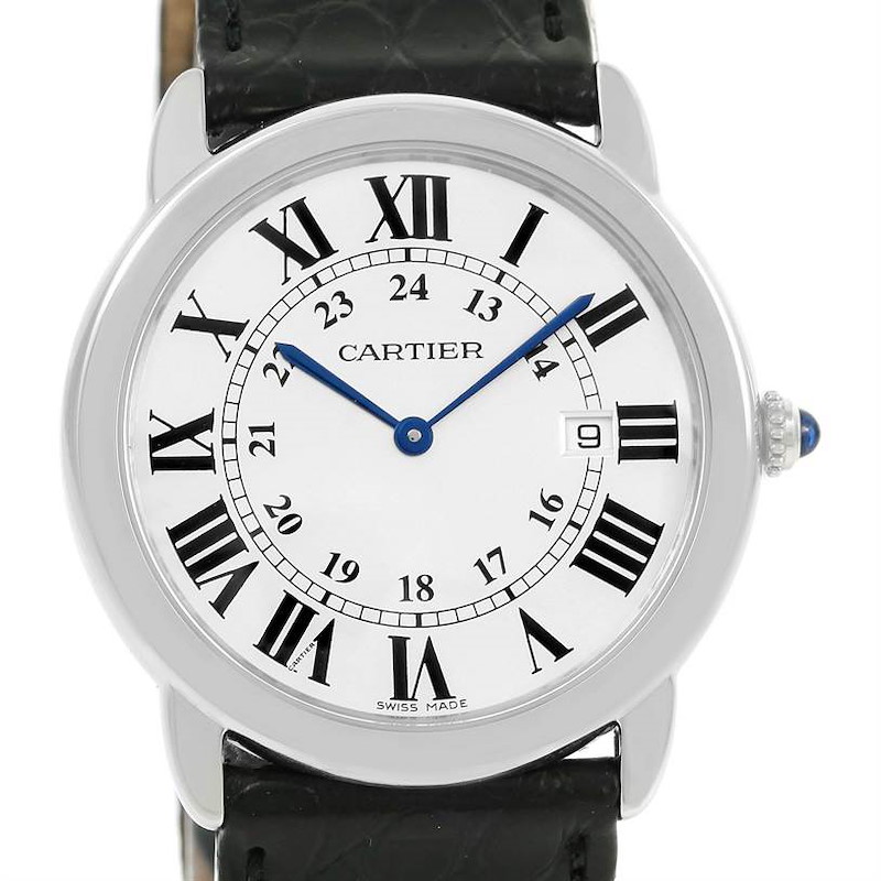 The image shows a front view of a Cartier Ronde watch, displaying its Roman numeral dial, blue hands, and leather strap.