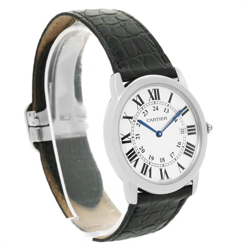 This image shows a Cartier Ronde W6700255 Stainless Steel Silver Dial W6700255 Stainless Steel Silver Dial model watch, displaying the face, hands, case, and leather strap from a slight side angle.