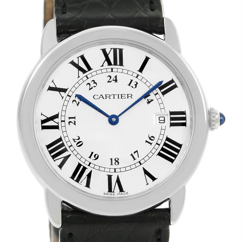 The image shows a front view of the Cartier Ronde W6700255 Stainless Steel Silver Dial W6700255 Stainless Steel Silver Dial watch, highlighting its dial, Roman numerals, and leather strap.