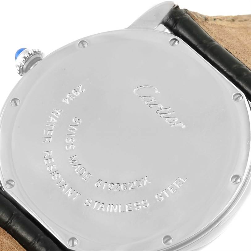 The image shows the back case and part of the strap of the Cartier Ronde W6700255 Stainless Steel Silver Dial W6700255 Stainless Steel Silver Dial watch.